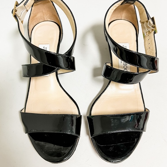 Jimmy Choo Black Patent Leather Open Toe Wedges Size 6 - Picture 4 of 9